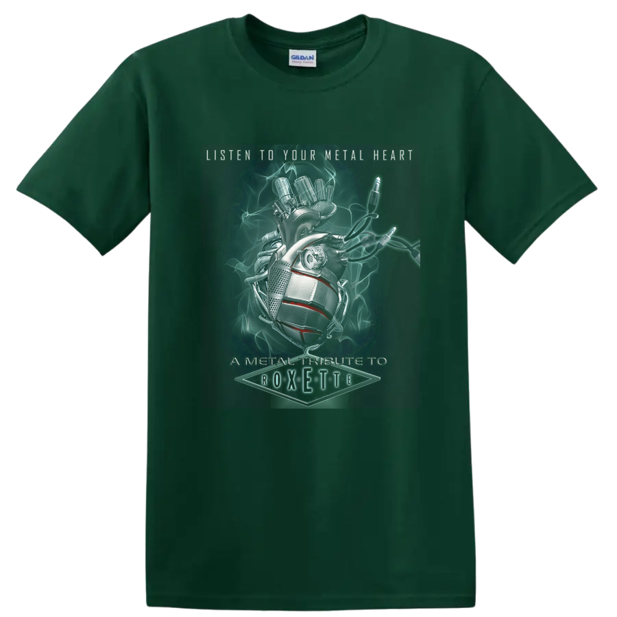Roxette metal tribute with horns hand, microphone, neon smoke, and Metal Heart text on a Forest Green T Shirt