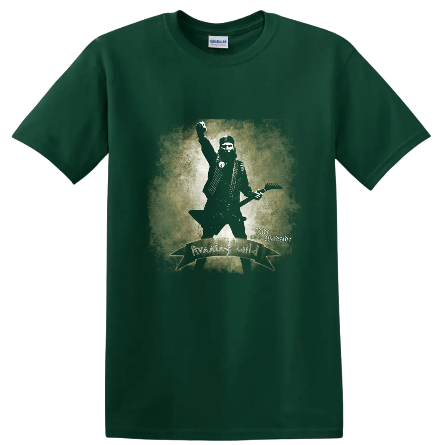 Running Wild distressed skeleton guitarist with Ride on the Wildside lettering on a Forest Green T Shirt