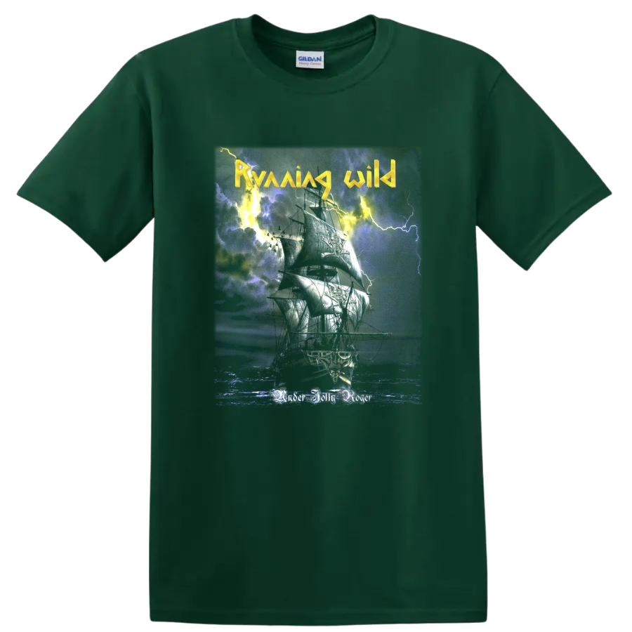 Running Wild Riding the Storm artwork with rider, horse, lightning, and distressed texture on a Forest Green T Shirt