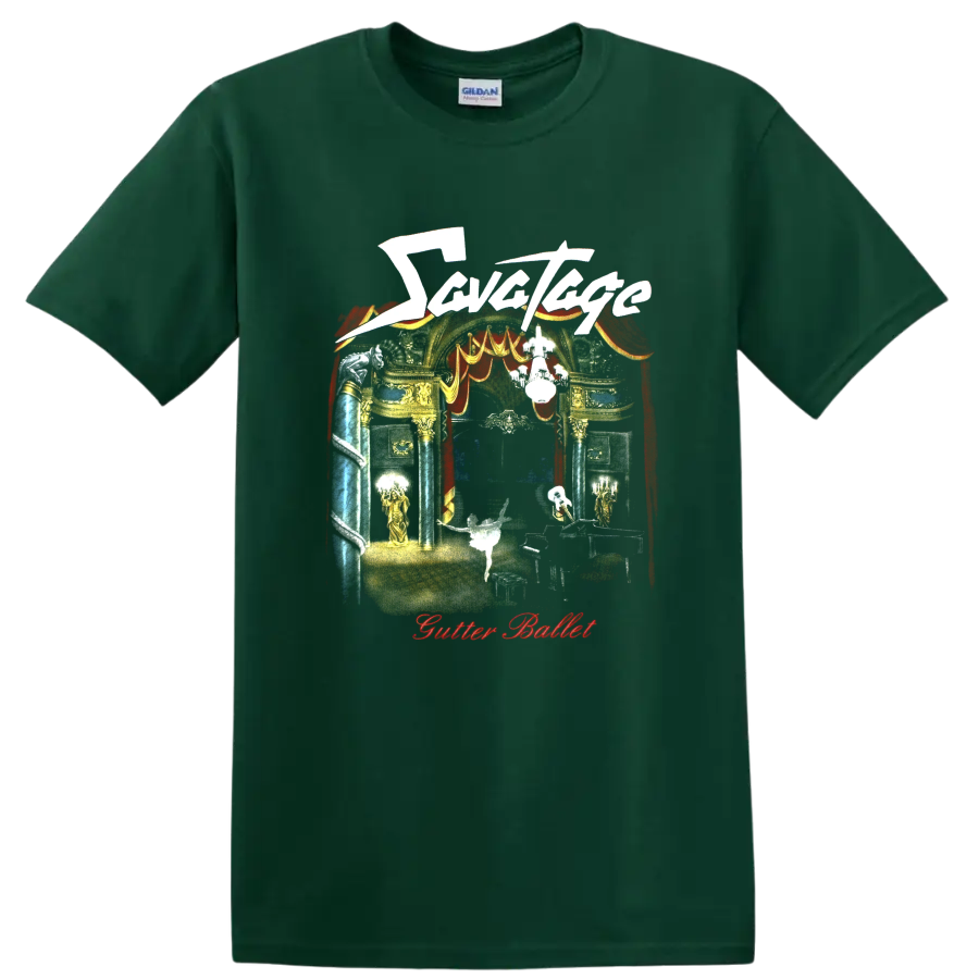 Savatage Gutter Ballet theatrical stage art with red curtains and ornate gold details on a Forest Green T Shirt