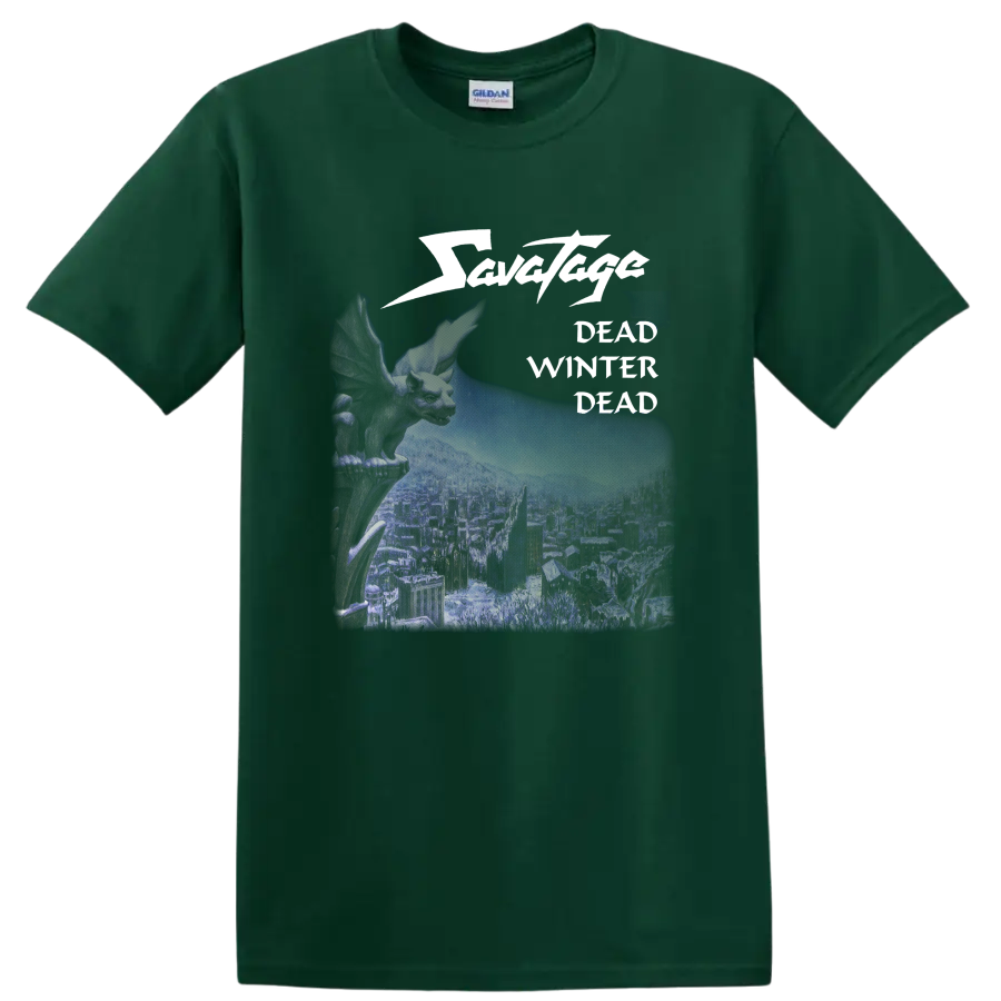 Savatage Dead Winter Dead winged creature and wintry city metal graphic on a Forest Green T Shirt