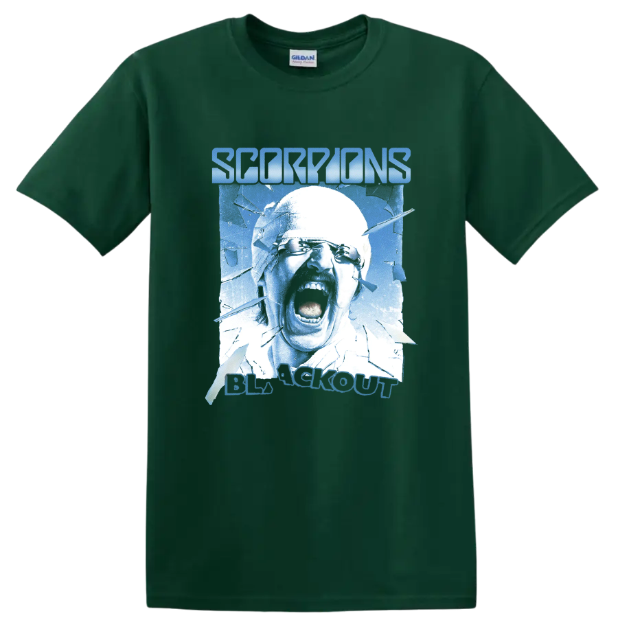Scorpions Blackout screaming face with shattered glass in icy blue on a Forest Green T Shirt