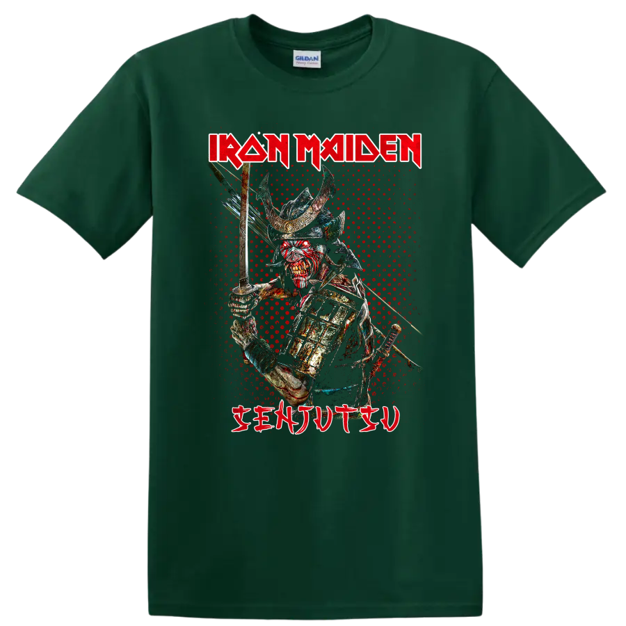 Iron Maiden Senjutsu Samurai Eddie sword warrior in distressed heavy metal horror art on a Forest Green T Shirt