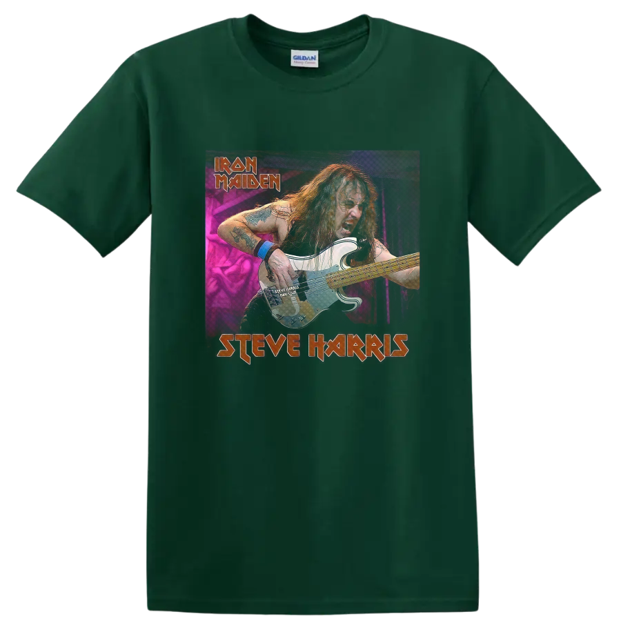 Steve Harris playing bass in a neon Iron Maiden Running Free Live-inspired graphic on a Forest Green T Shirt