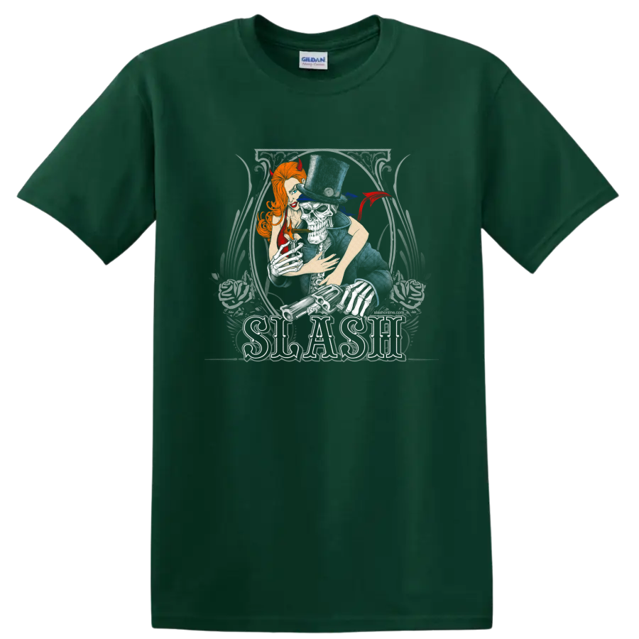Slash guitarist portrait in top hat with devil horns and distressed rock poster style on a Forest Green T Shirt