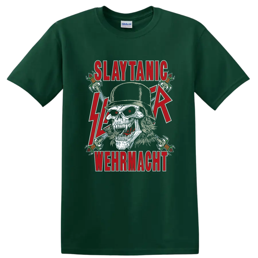 Slayer Slaytanic Wehrmacht skull graphic with red lettering and lightning bolts on a Forest Green T Shirt