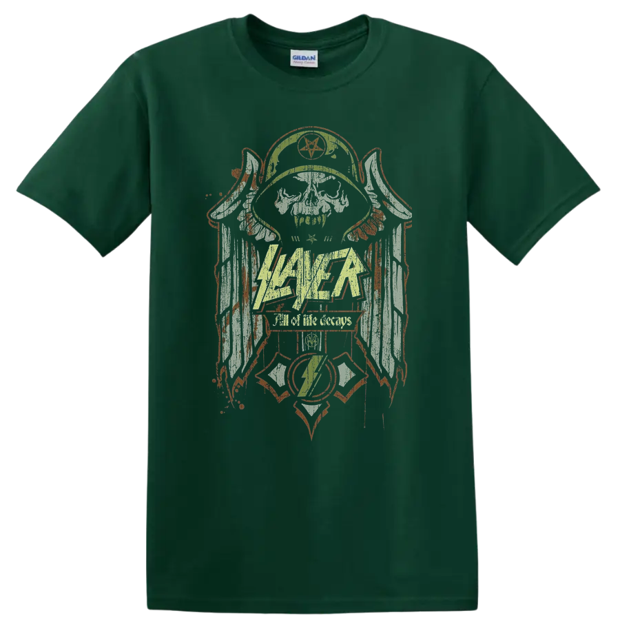 Slayer All Life Decays emblem with distressed skull and pentagram metal artwork on a Forest Green T Shirt