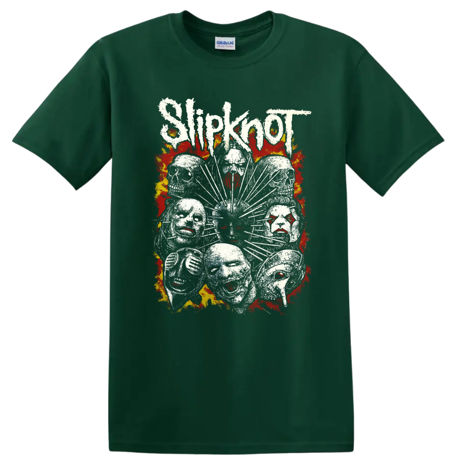 Distressed Slipknot mask cluster with jagged lettering and fiery flame artwork on a Forest Green T Shirt