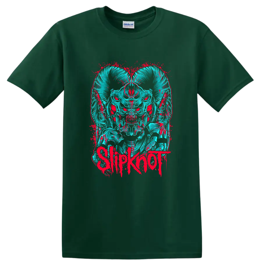 Slipknot horned skull mask in cyan and red distressed splatter art on a Forest Green T Shirt
