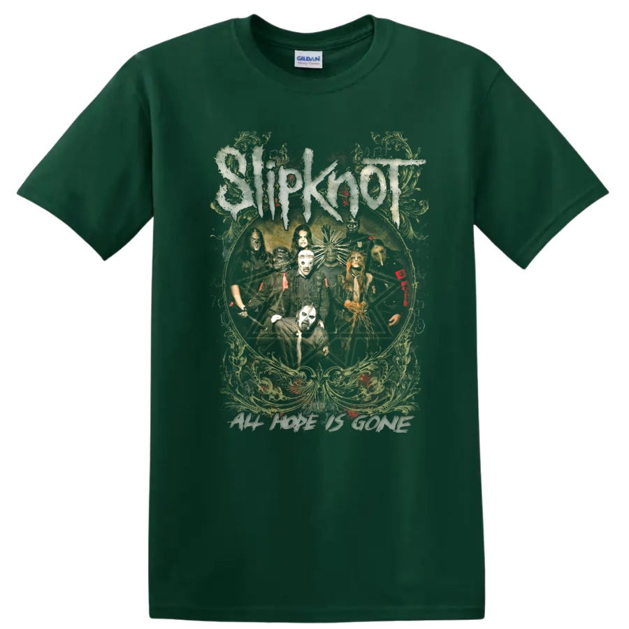 Slipknot masked band pentagram artwork with fiery distressed ornamental details on a Forest Green T Shirt