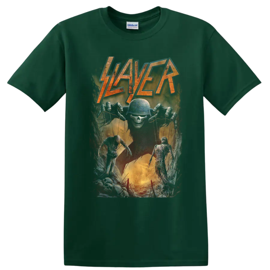 Distressed Slayer logo above a skull puppet master with skeletal horror figures on a Forest Green T Shirt