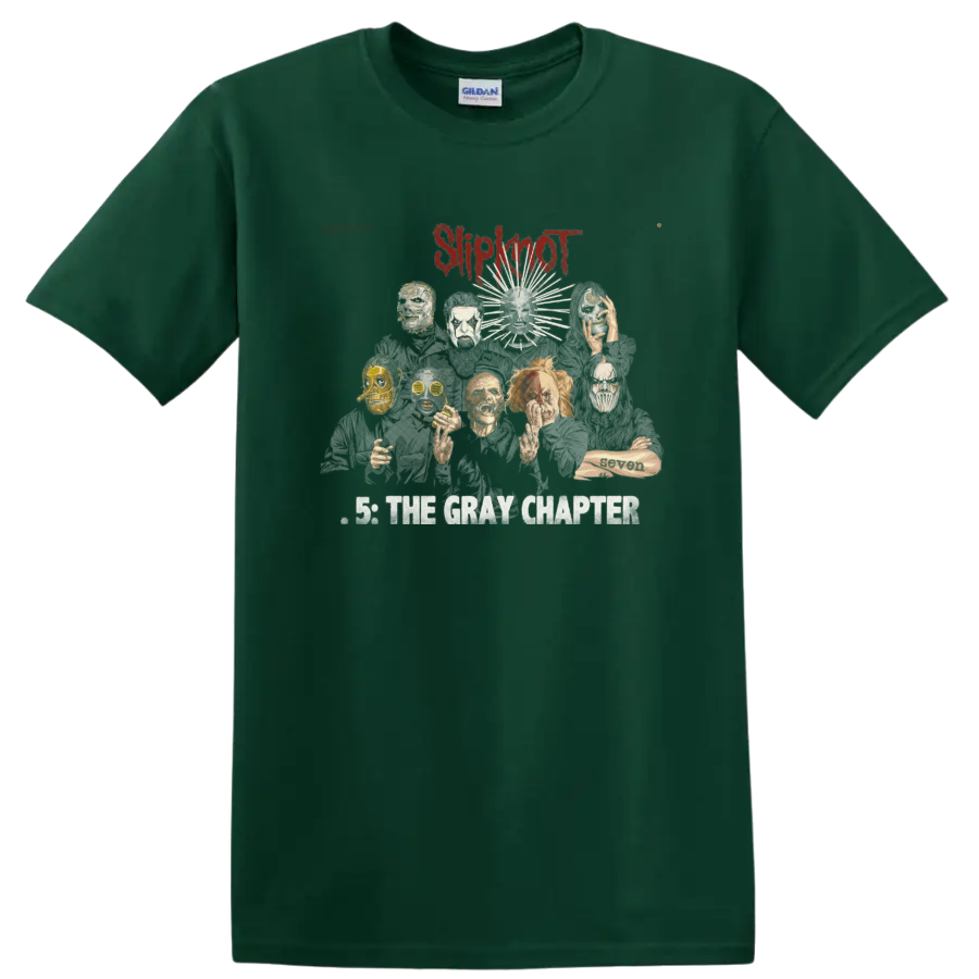 Slipknot .5 The Gray Chapter mask collage with distressed red logo on a Forest Green T Shirt