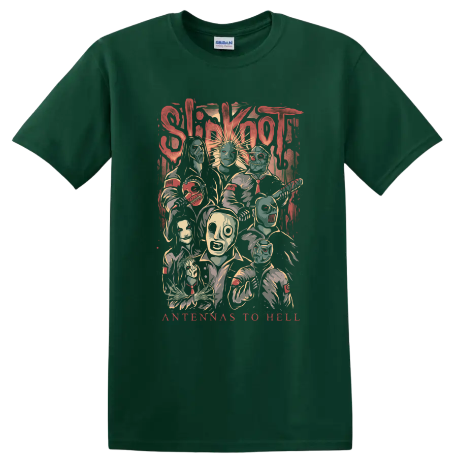Slipknot Antennas to Hell masked band portrait collage in distressed horror style on a Forest Green T Shirt