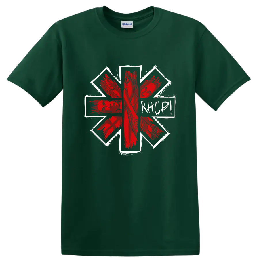 Lovejoy Second To One red hand collage with white geometric frame on a Forest Green T Shirt