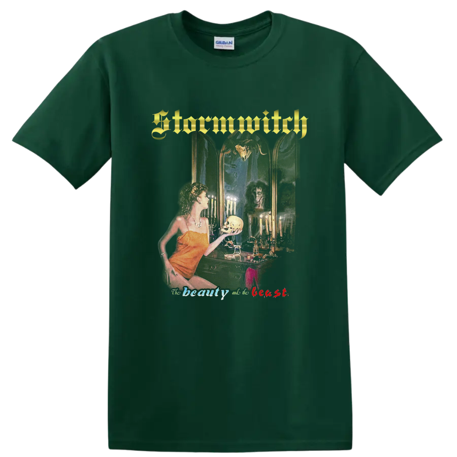 Stormwitch gothic fantasy artwork with woman, skull, candles, and ornate gold logo on a Forest Green T Shirt