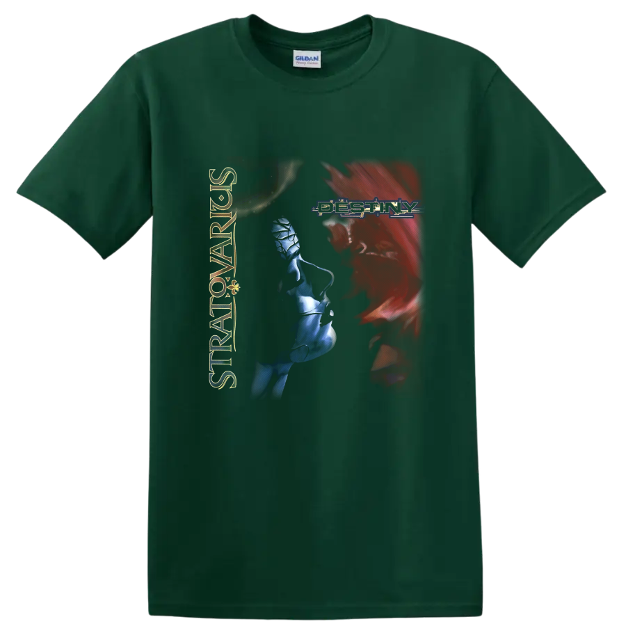 Stratovarius Destiny logo with red portrait silhouette and blue fantasy figure artwork on a Forest Green T Shirt