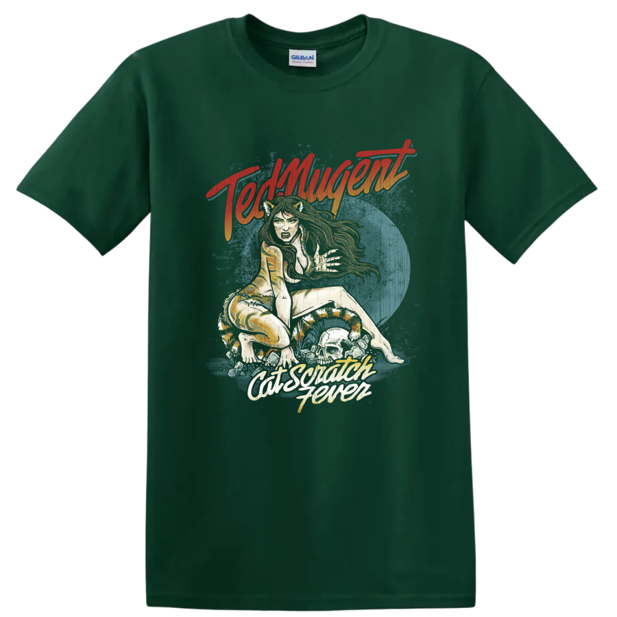 Ted Nugent Cat Scratch Fever retro illustration with wild cat and blue moon on a Forest Green T Shirt