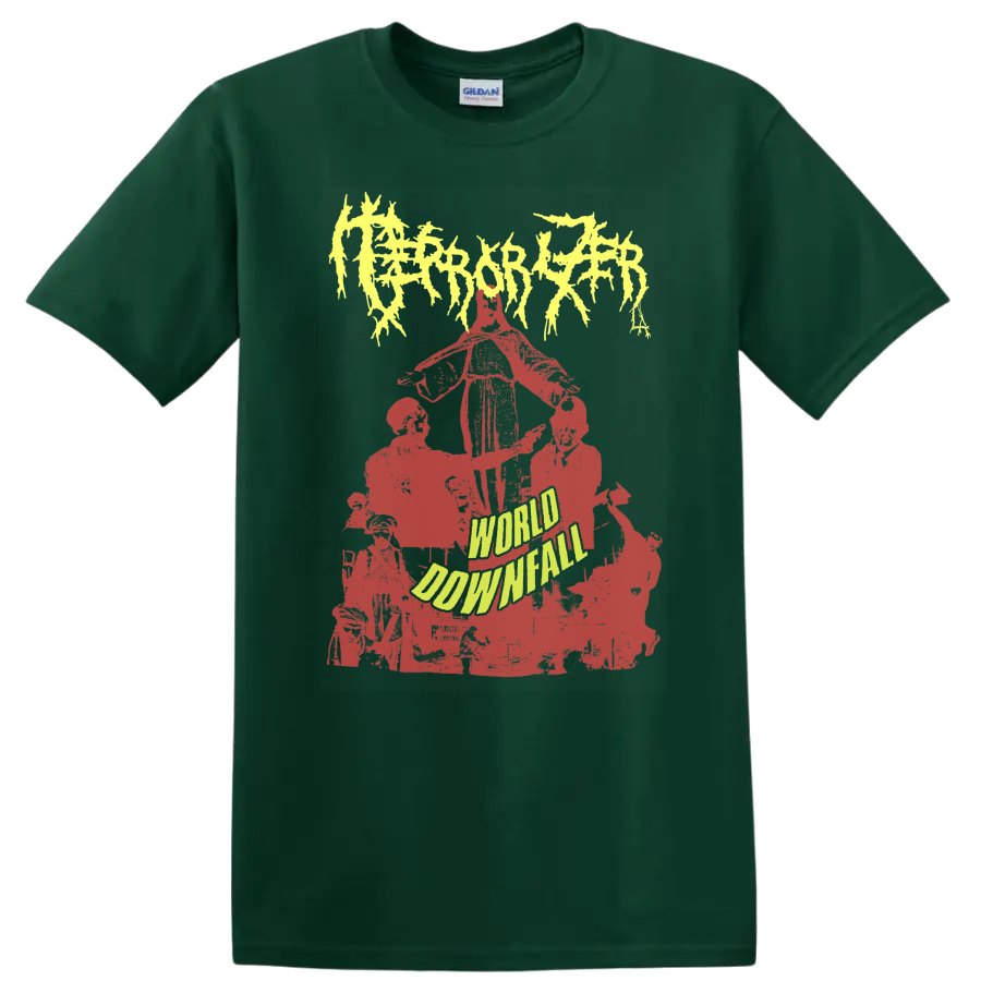 Terrorizer World Downfall distressed red collage with jagged yellow logo on a Forest Green T Shirt