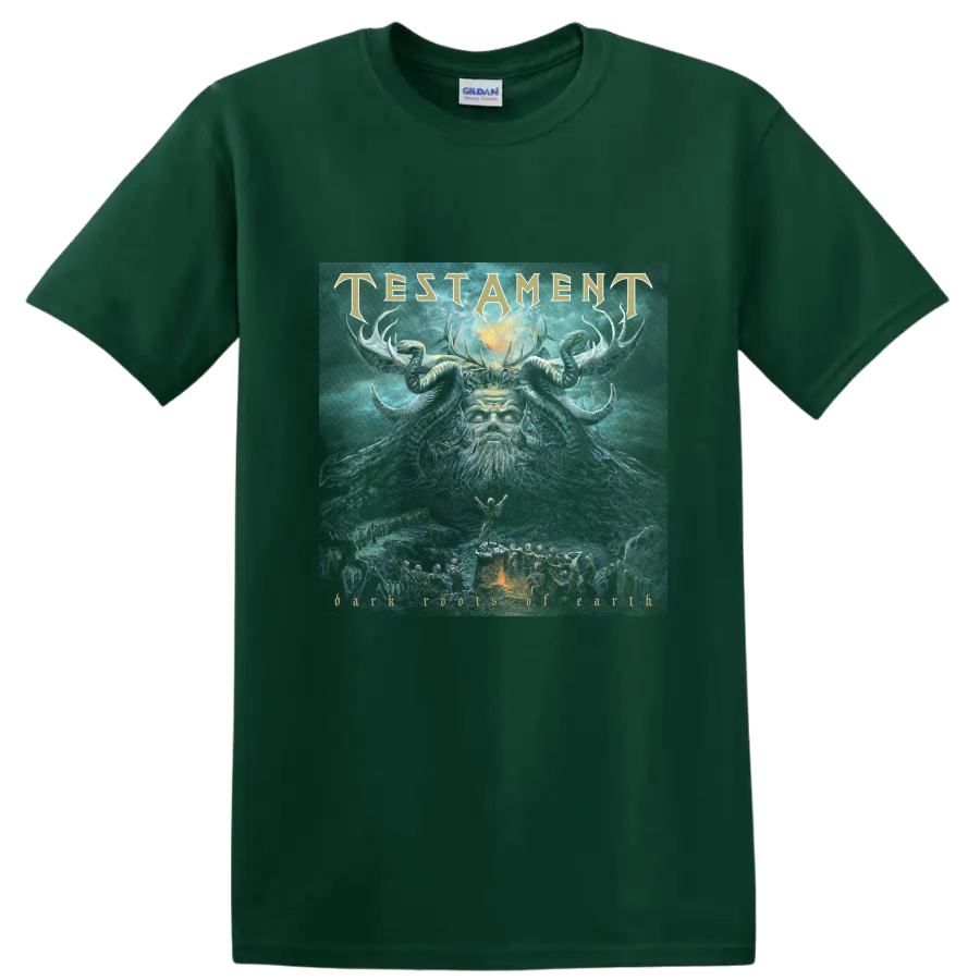 Testament Dark Roots of Earth horned figure artwork with gold band lettering on a Forest Green T Shirt