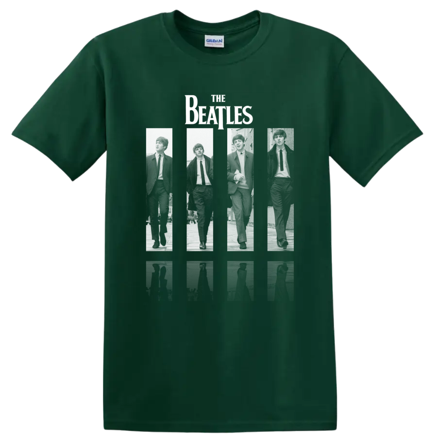 The Beatles retro rock band logo-inspired graphic on a Forest Green T Shirt