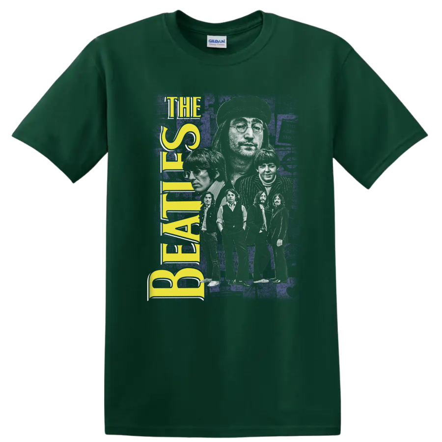 The Beatles white band silhouette with yellow lettering on distressed purple rock art on a Forest Green T Shirt