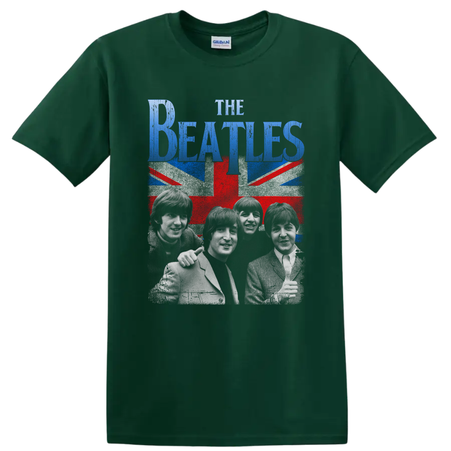 The Beatles portrait with distressed Union Jack and blue band lettering on a Forest Green T Shirt
