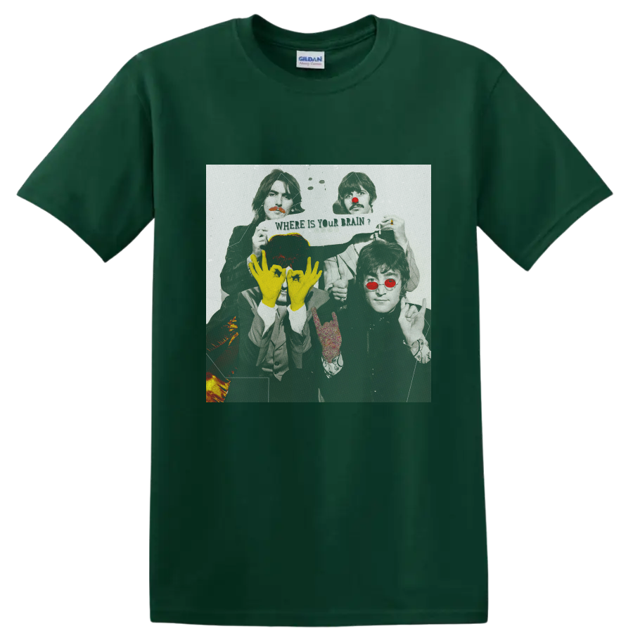 The Beatles Lennon and McCartney distressed pop art portrait with yellow hand symbols on a Forest Green T Shirt