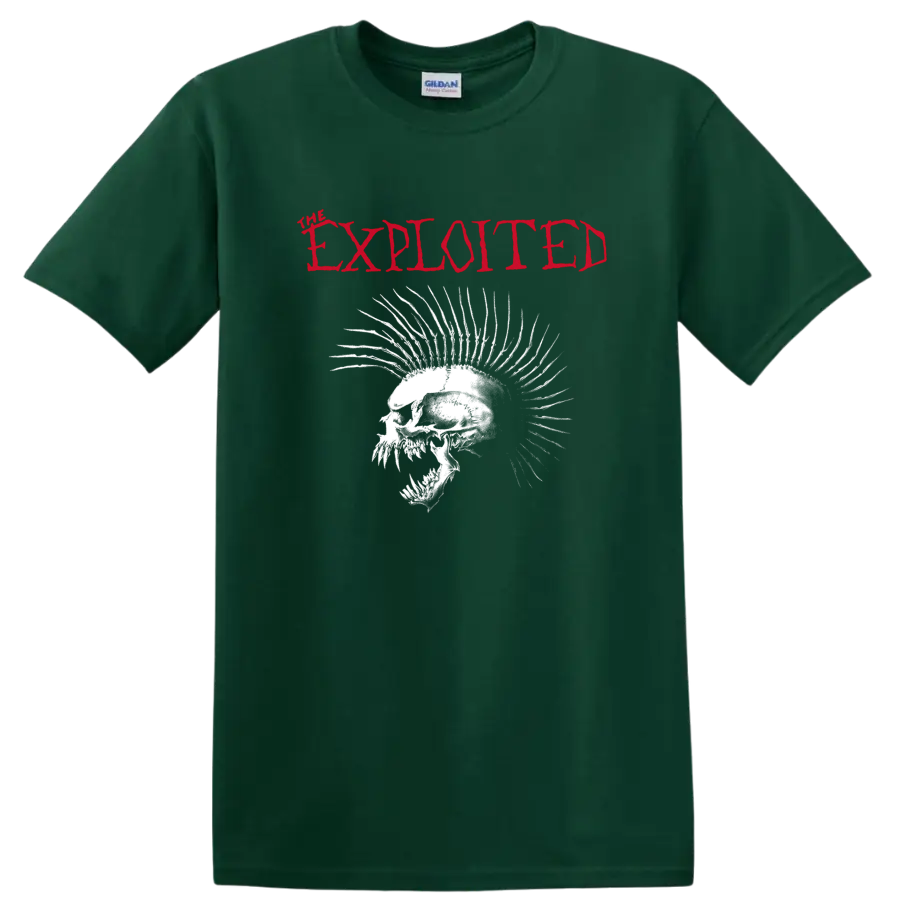 The Exploited red logo above distressed white skull with dramatic mohawk spikes on a Forest Green T Shirt