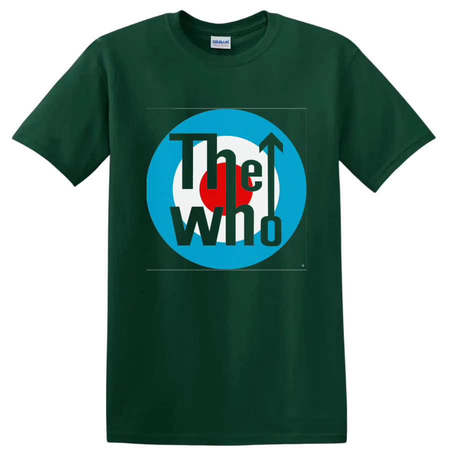 The Who black logo over red, white, and blue mod target emblem with arrow on a Forest Green T Shirt
