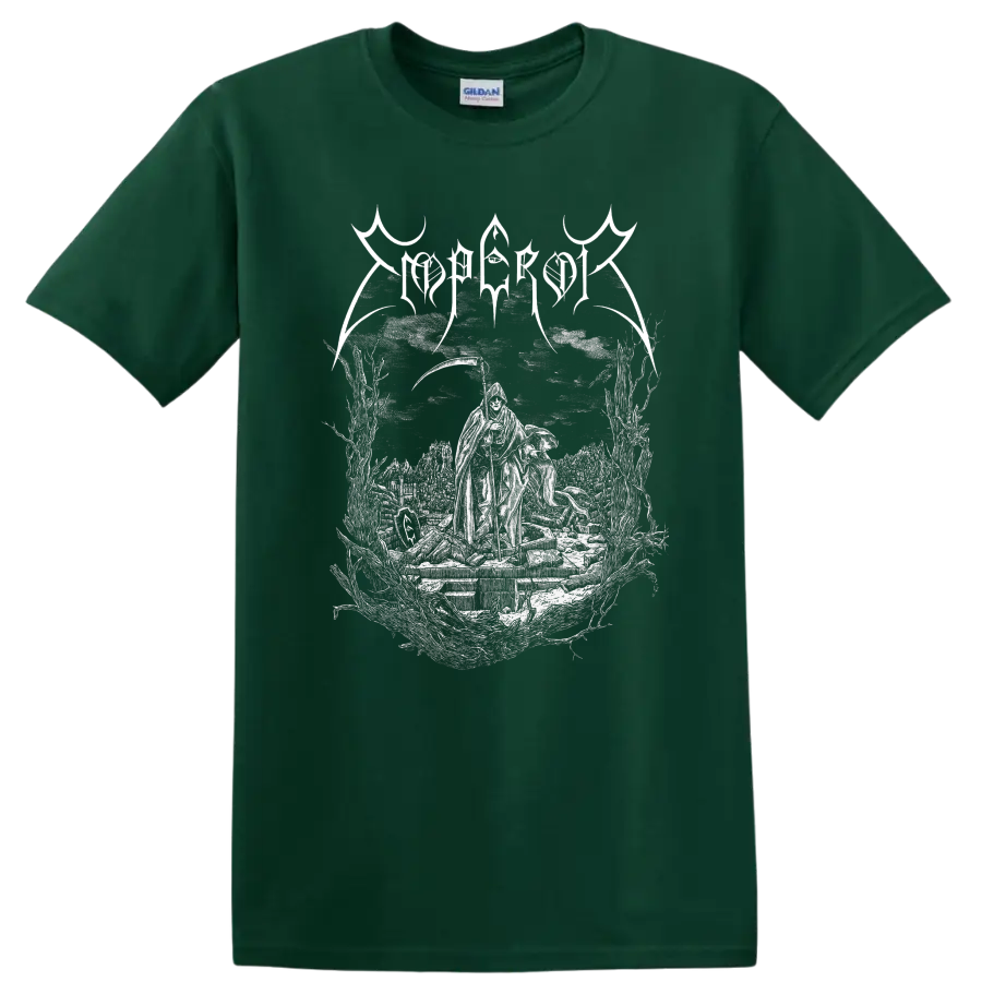 Mgła Age of Excuse hooded figure and graveyard gothic illustration on a Forest Green T Shirt