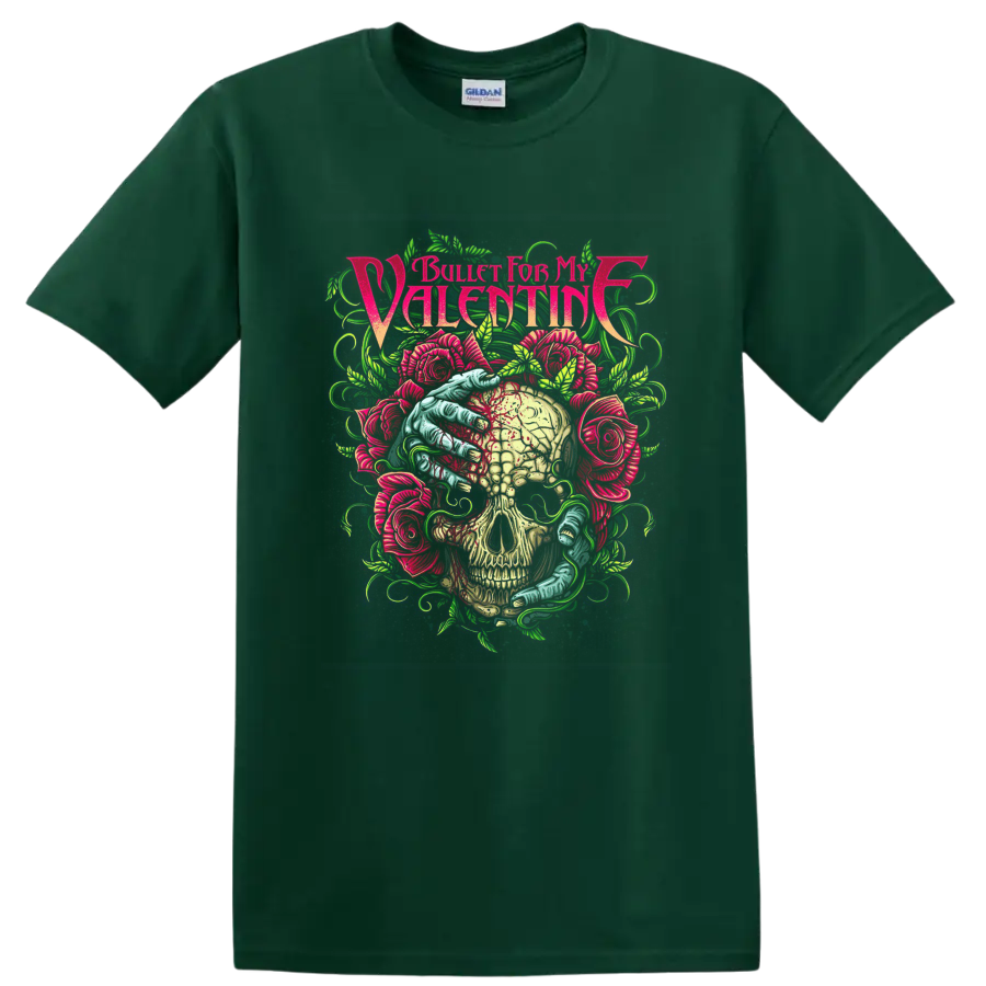 Bullet for My Valentine skull and roses neon rock metal graphic on a Forest Green T Shirt