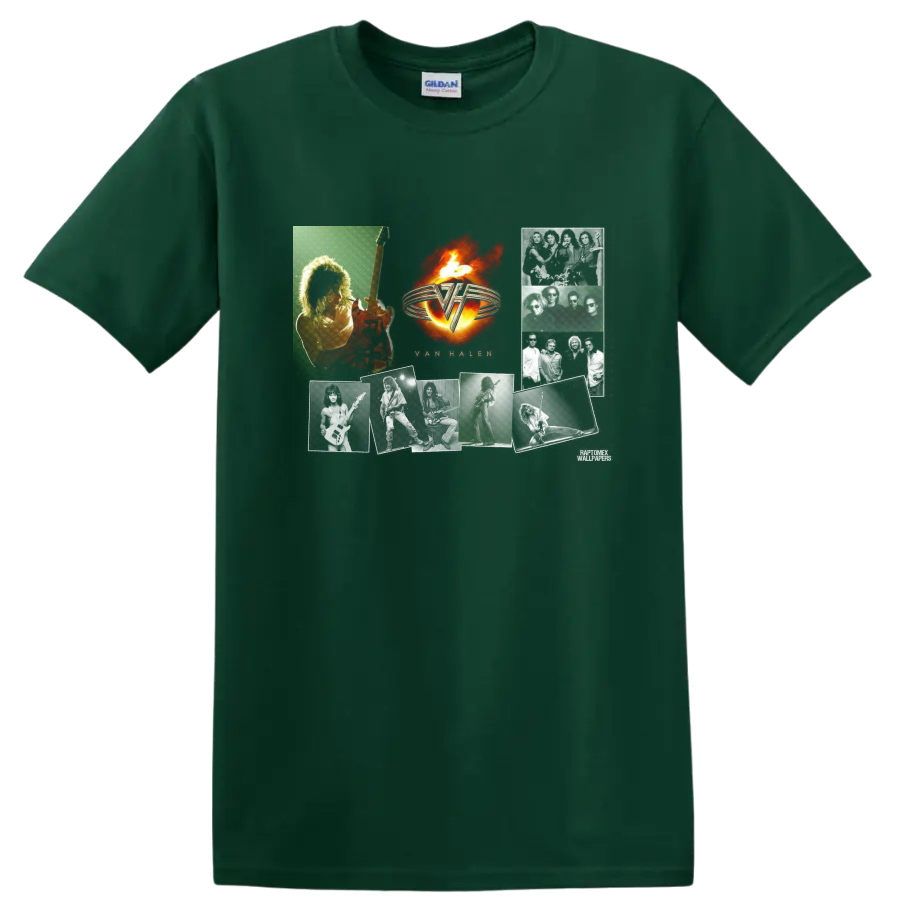 Van Halen fiery winged VH logo with guitar player in vintage rock graphic style on a Forest Green T Shirt