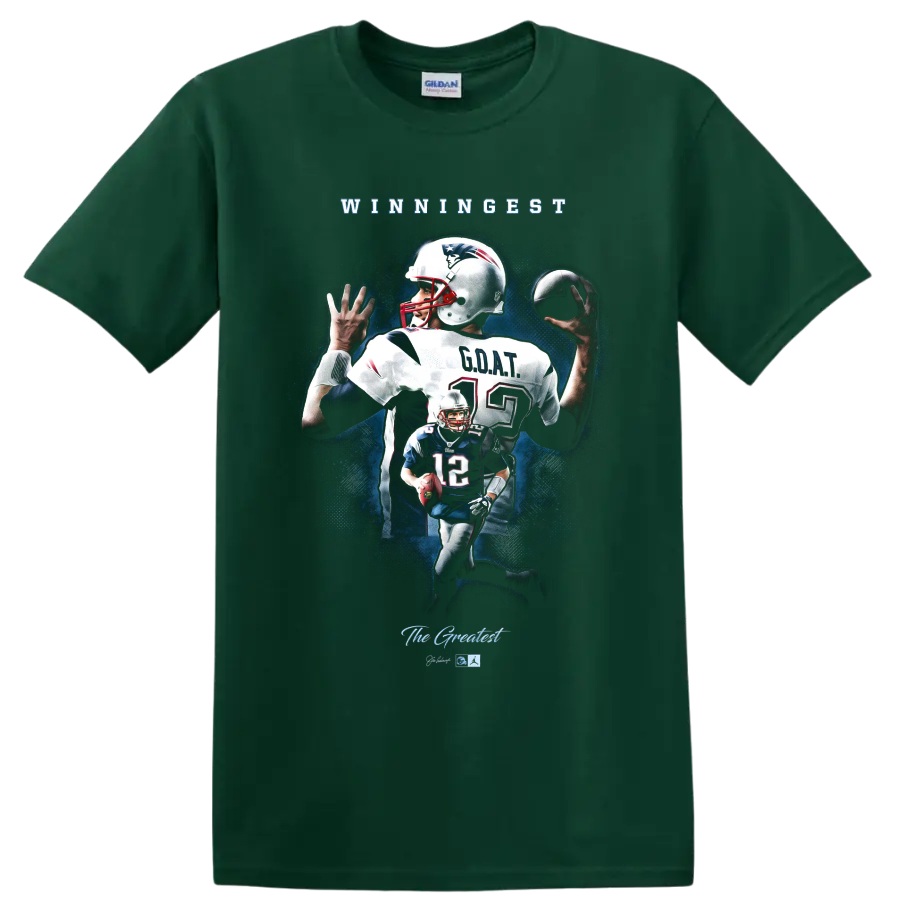 Tom Brady Patriots number 12 football collage with WINNINGEST and GOAT text on a Forest Green T Shirt
