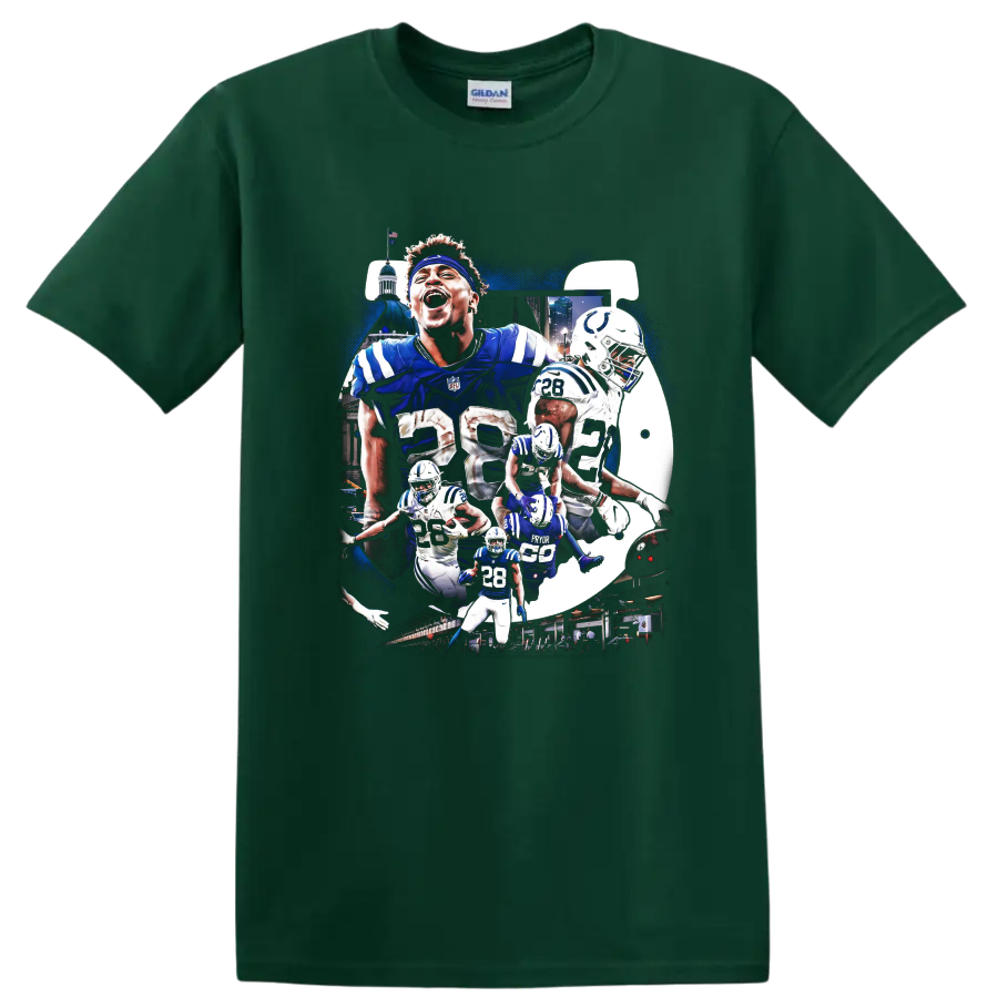 Jonathan Taylor Indianapolis Colts No. 28 football action collage with helmet art on a Forest Green T Shirt