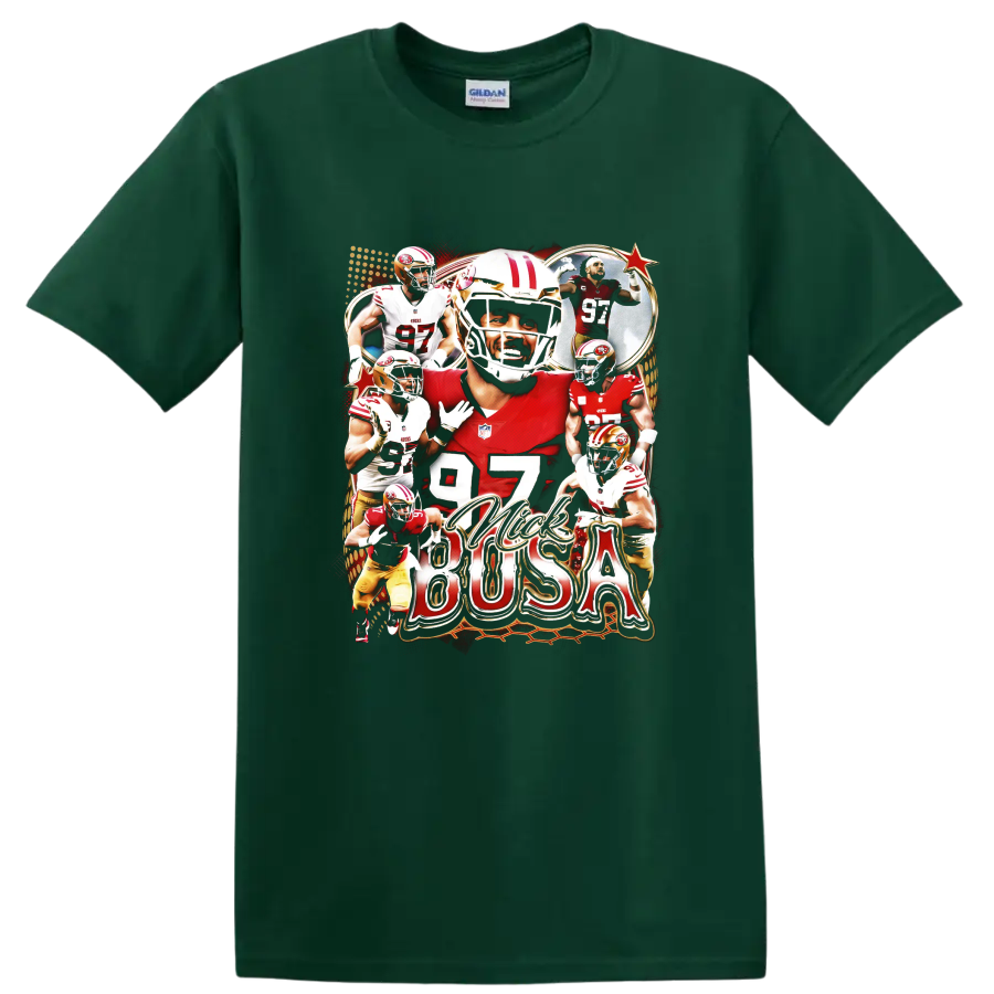 Jimmy Garoppolo San Francisco 49ers football collage with number 97 and red gold action on a Forest Green T Shirt