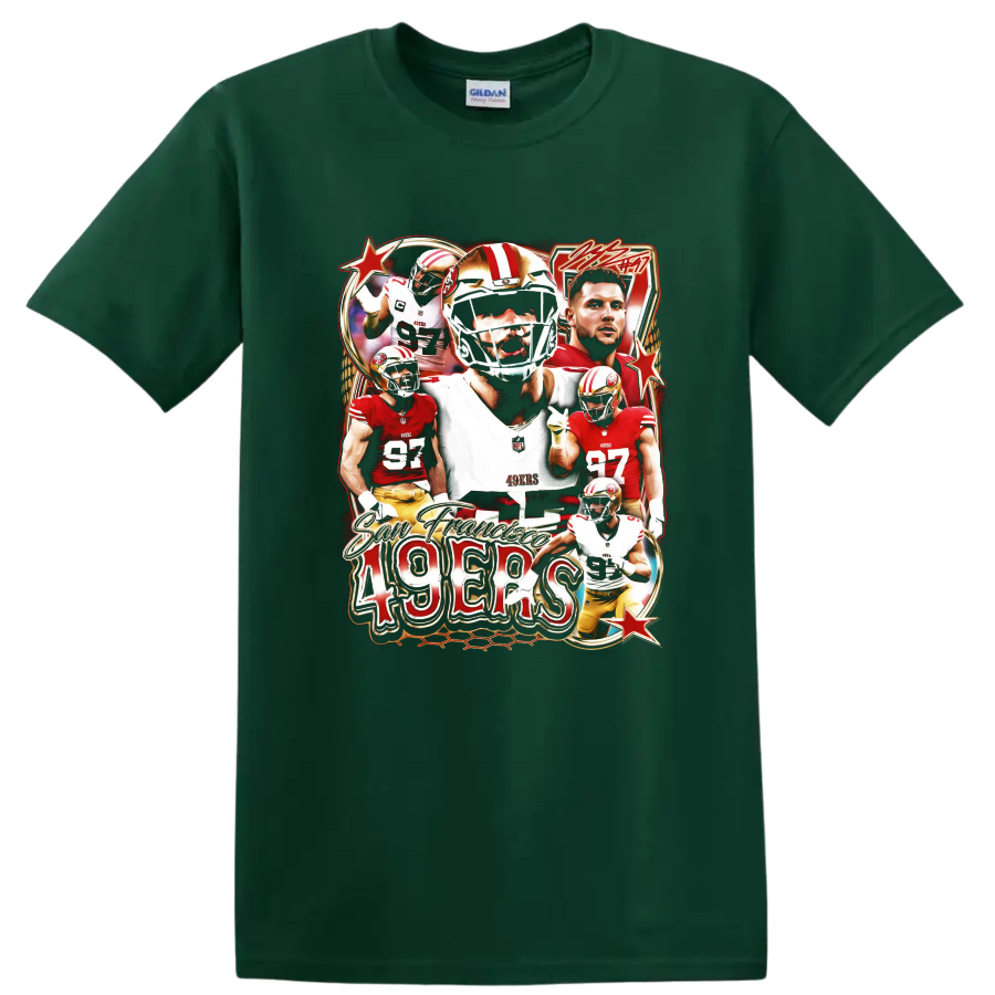 George Kittle, Christian McCaffrey and Nick Bosa 49ers football collage with 49ers text on a Forest Green T Shirt