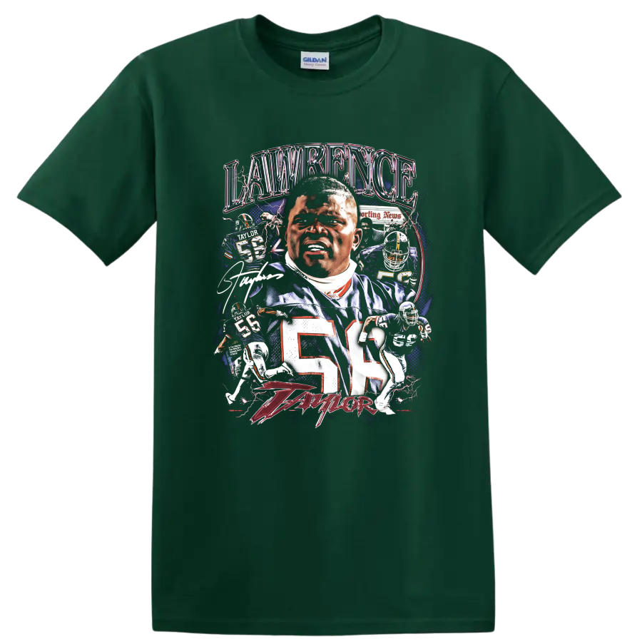 Lawrence Taylor New York Giants number 56 football collage with lightning and action art on a Forest Green T Shirt