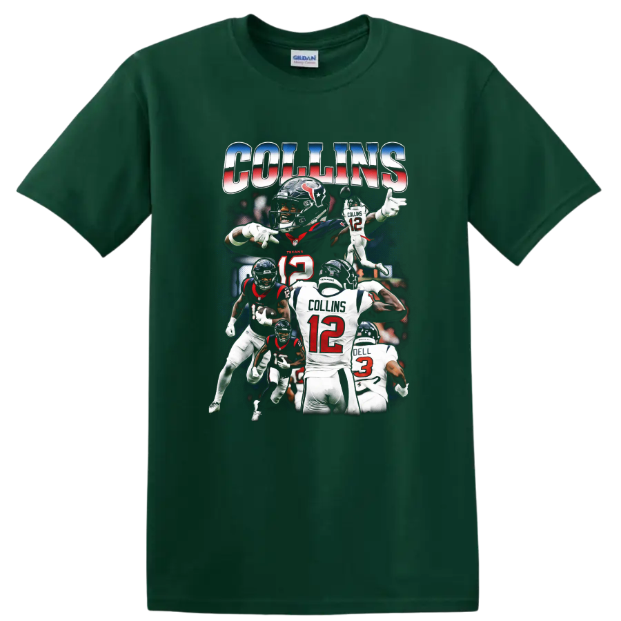 C.J. Stroud and Nico Collins Houston Texans football action collage with COLLINS text on a Forest Green T Shirt