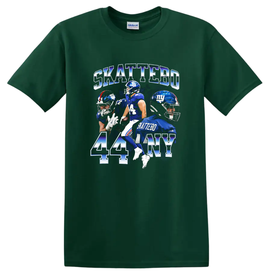 Cam Skattebo New York Giants 44 football player collage with SKATTEBO lettering on a Forest Green T Shirt