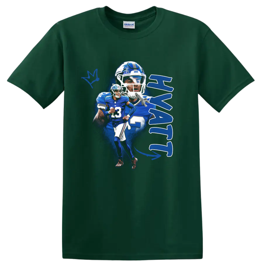 Jalin Hyatt New York Giants football action collage with number 13 and blue paint splashes on a Forest Green T Shirt