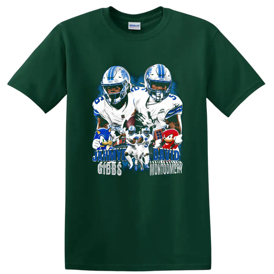 Jahmyr Gibbs and David Montgomery Detroit Lions football collage with blue action effects on a Forest Green T Shirt