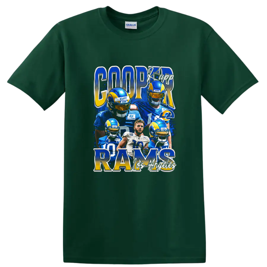 Cooper Kupp Rams football player collage with blue and gold metallic lettering on a Forest Green T Shirt