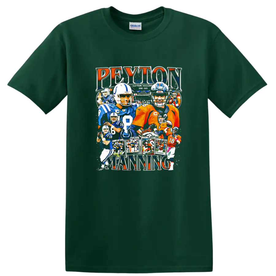 Peyton Manning Colts and Broncos football collage with bold Peyton Manning lettering on a Forest Green T Shirt