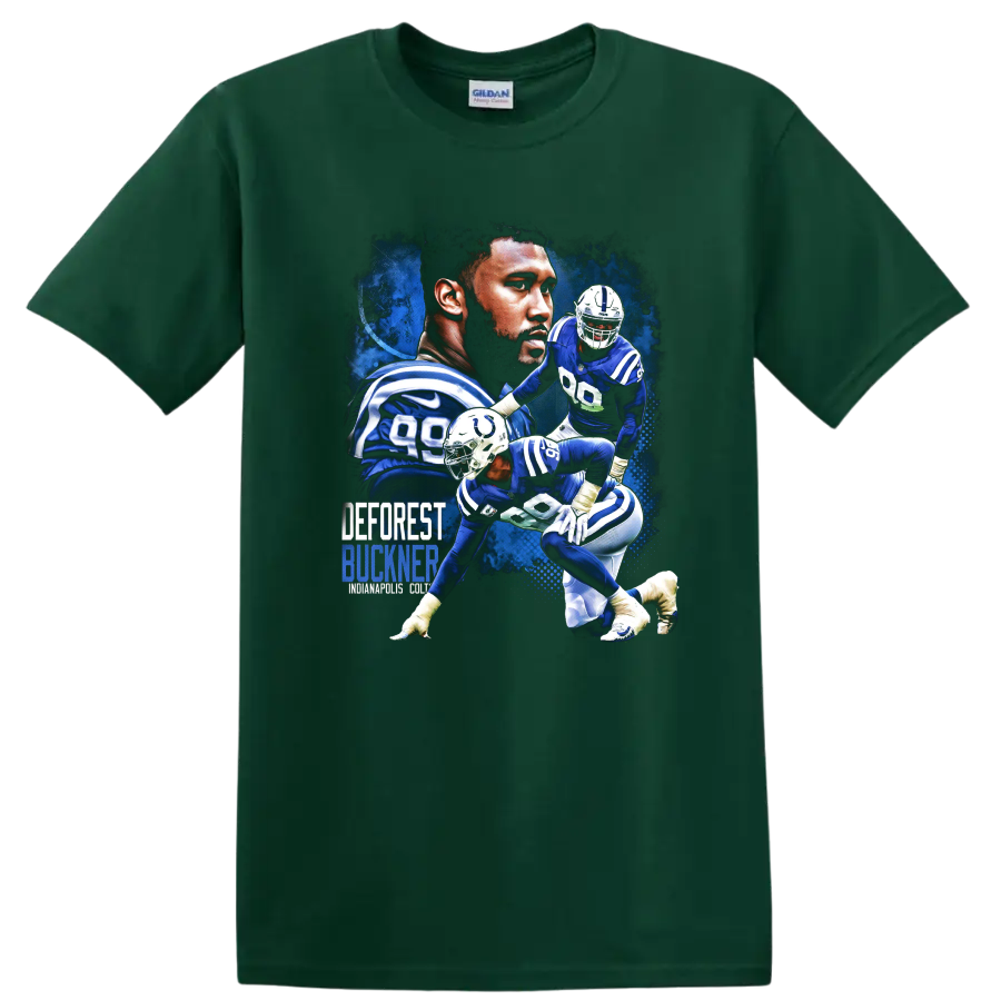 DeForest Buckner Indianapolis Colts defensive action collage with bold blue lettering on a Forest Green T Shirt