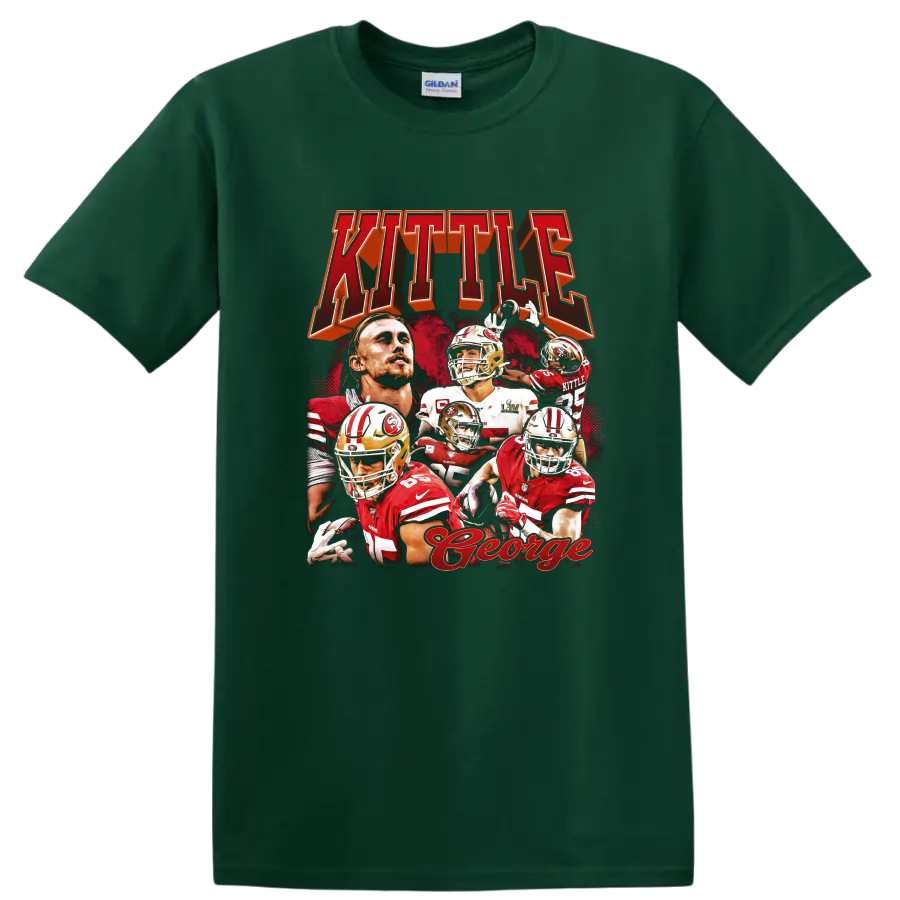 George Kittle San Francisco 49ers red and gold football action collage with KITTLE text on a Forest Green T Shirt
