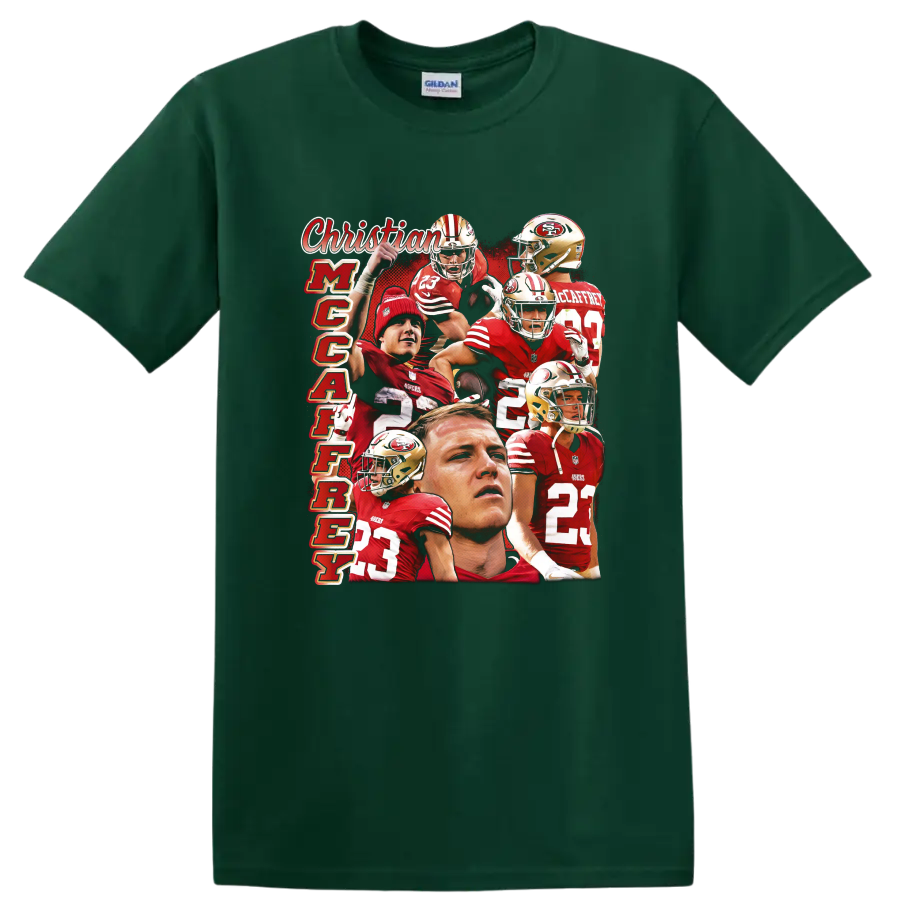 Christian McCaffrey 49ers number 23 action collage with vertical McCaffrey text on a Forest Green T Shirt