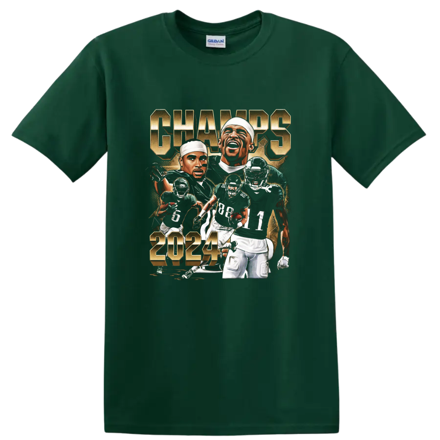 Jalen Hurts Philadelphia Eagles 2024 action portrait collage with CHAMPS lettering on a Forest Green T Shirt