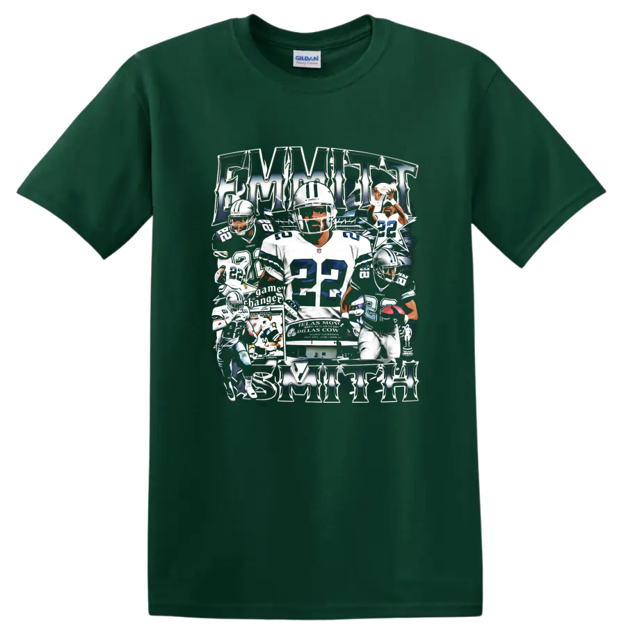 Emmitt Smith Dallas Cowboys number 22 football action collage with metallic lettering on a Forest Green T Shirt