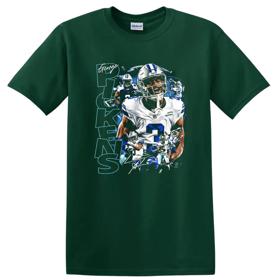Dak Prescott Dallas Cowboys quarterback action collage with blue splatter and vertical on a Forest Green T Shirt