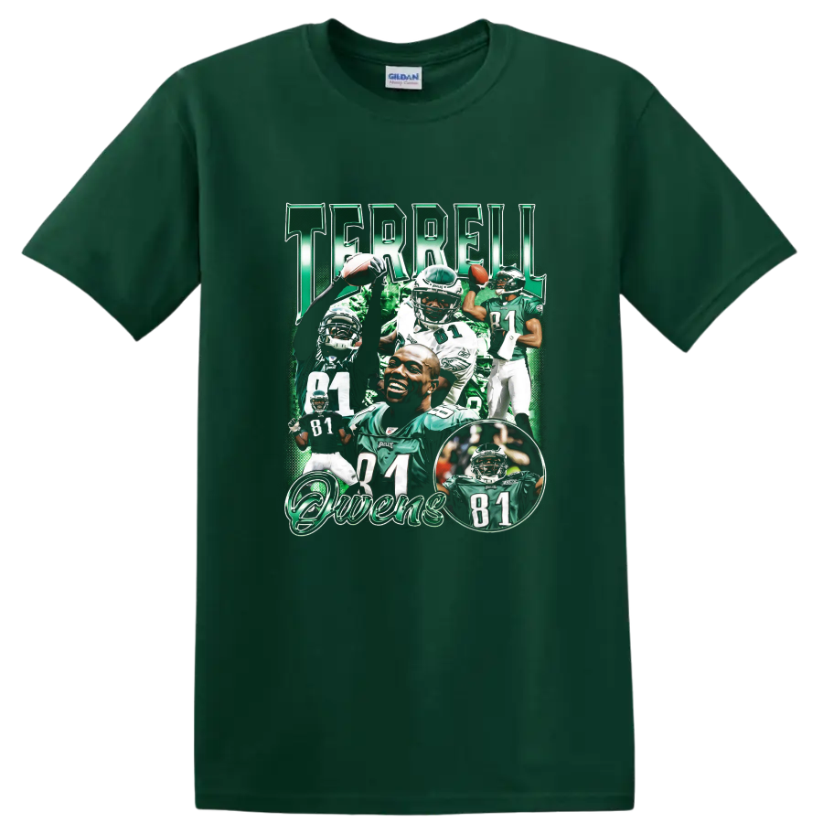 Terrell Owens Philadelphia Eagles number 81 football collage with TERRELL and Owens text on a Forest Green T Shirt
